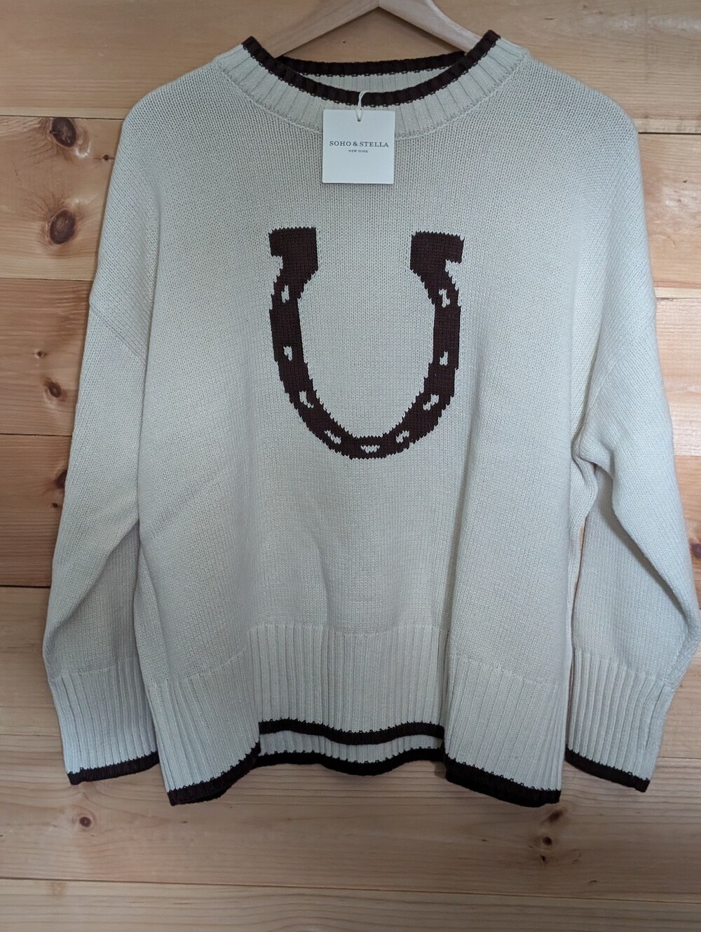 Soho & Stella Sweater with Brown Horseshoe Motif *Small (Relaxed Fit) * NWT